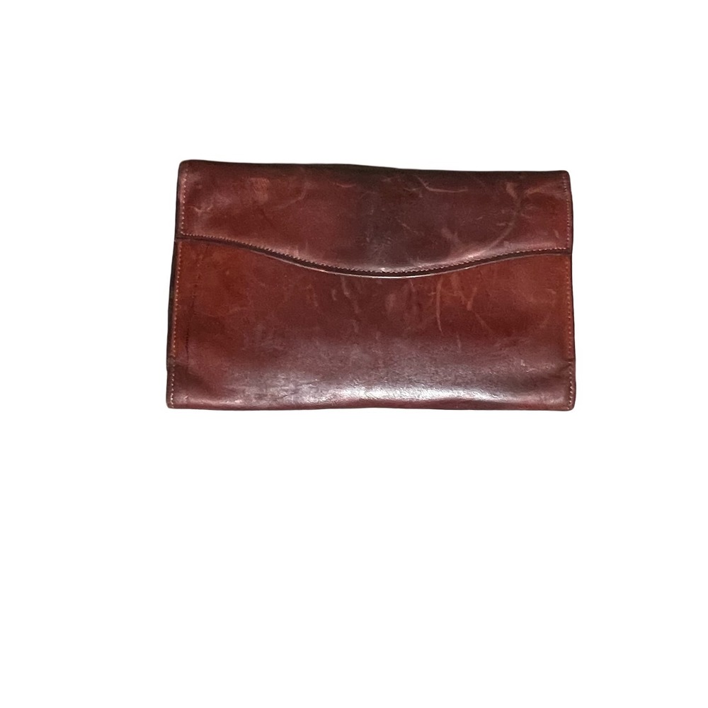 Vintage Rolfs Brown Leather Tri-Fold Clutch Wallet Kiss Lock Coin Purse Mahogany